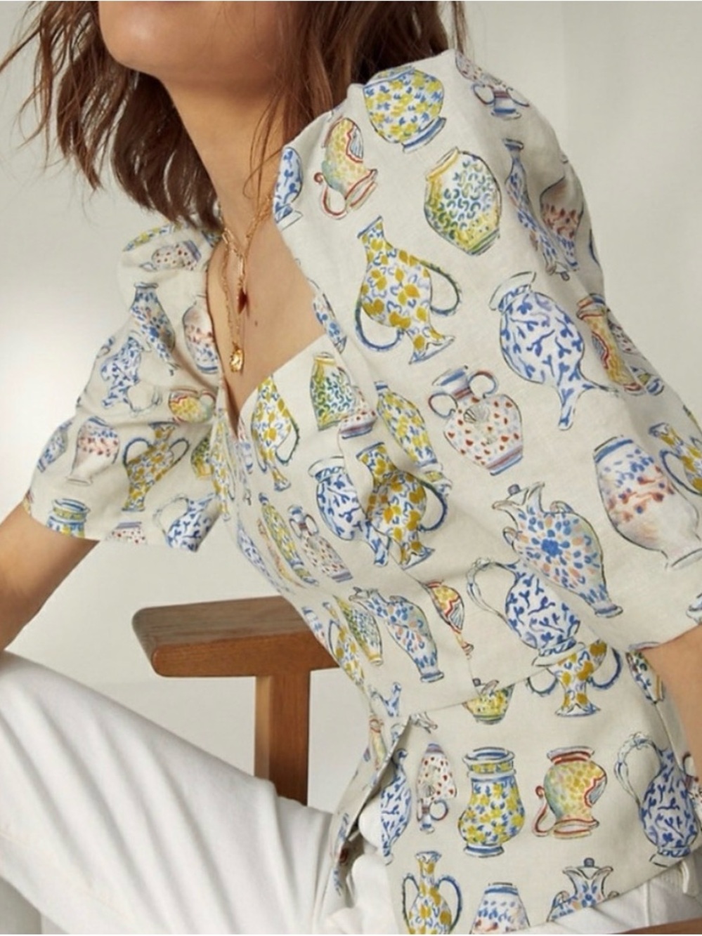 Aritzia Wilfred Fatale Vase / Pitcher Print Sweetheart Neck Puff-Sleeve Top XXS